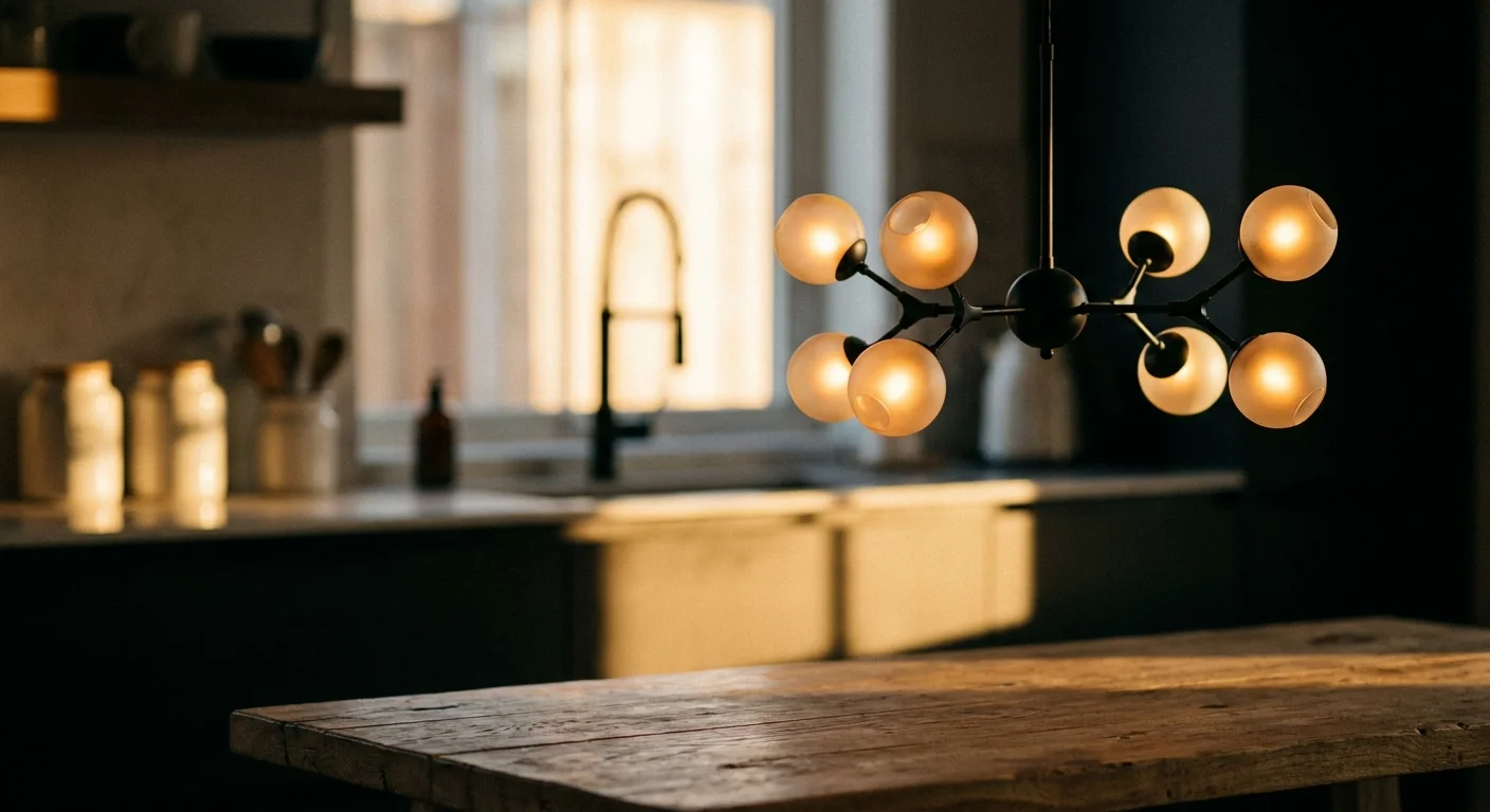 A sculptural black and glass pendant light hangs over a wooden kitchen table, emitting a warm glow in a modern home.