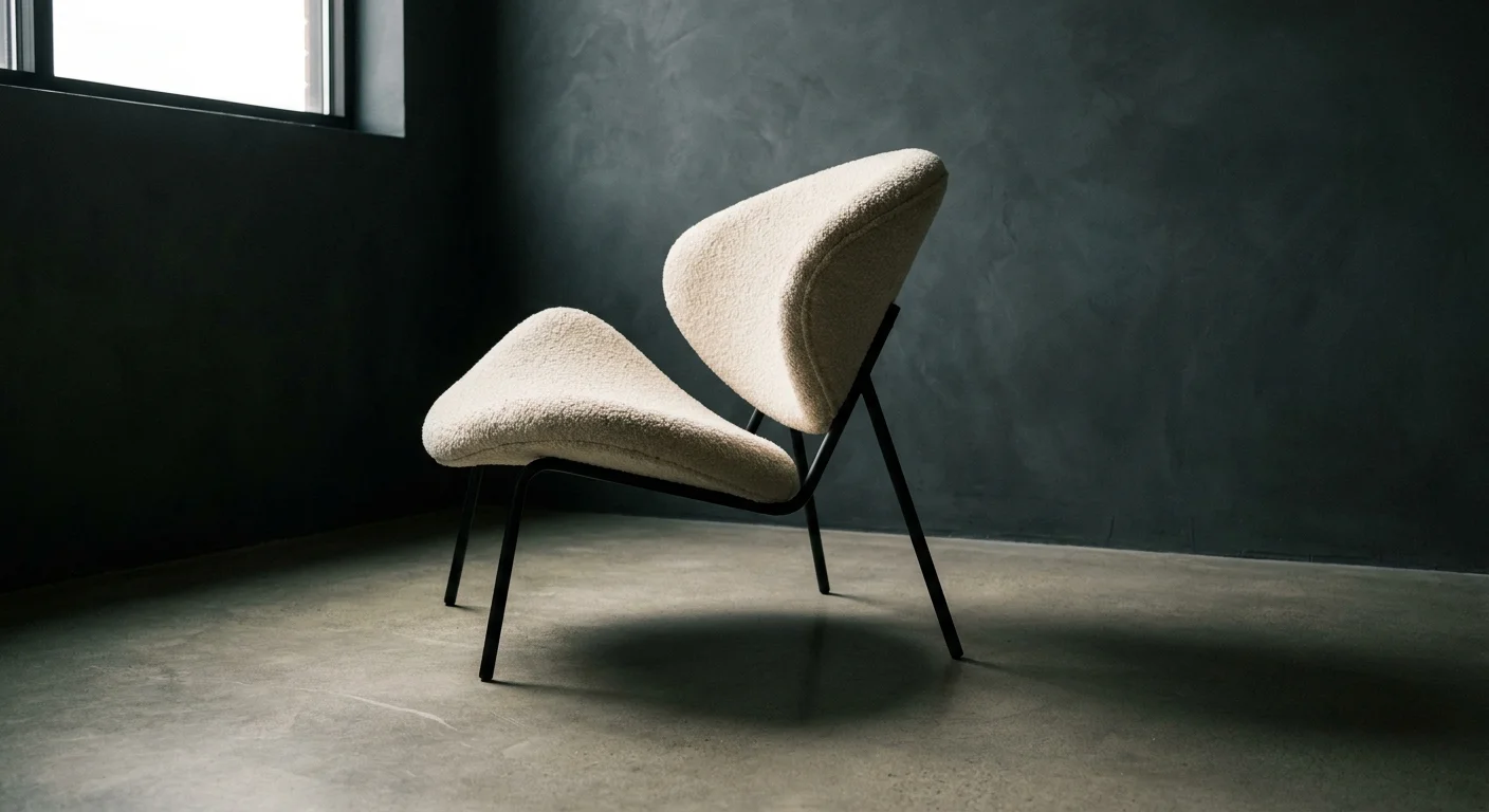 A sculptural cream boucle chair with a unique three-legged design set against a dark textured wall.