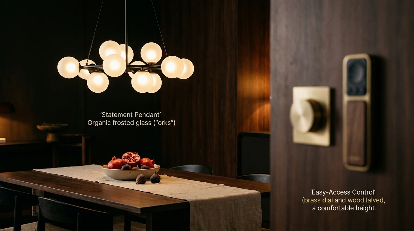 A sculptural statement pendant light over a dining table, highlighting elegant design and warm, focused illumination.