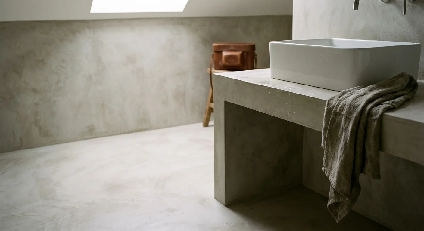 A seamless bathroom interior finished in warm gray microcement, showing its waterproof and monolithic texture.