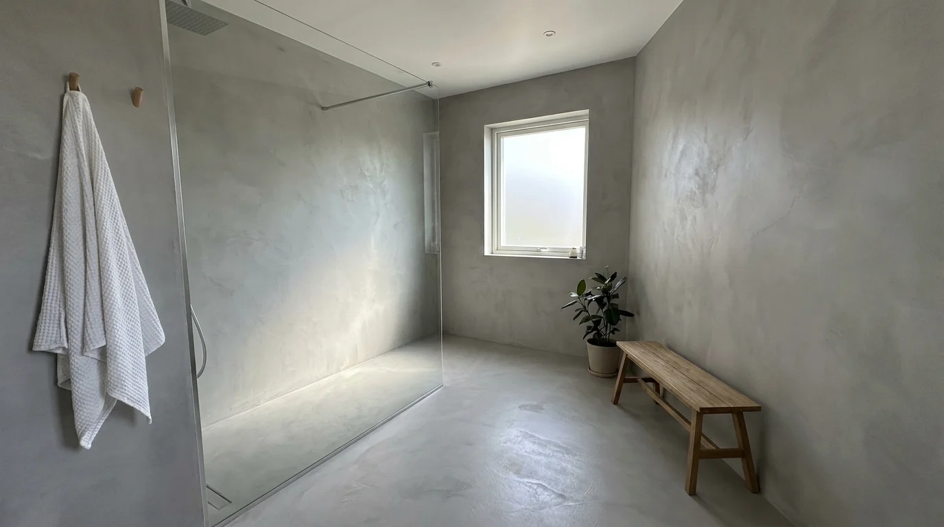 A seamless grey microcement bathroom with no grout lines, featuring a glass shower and minimalist wooden accents.