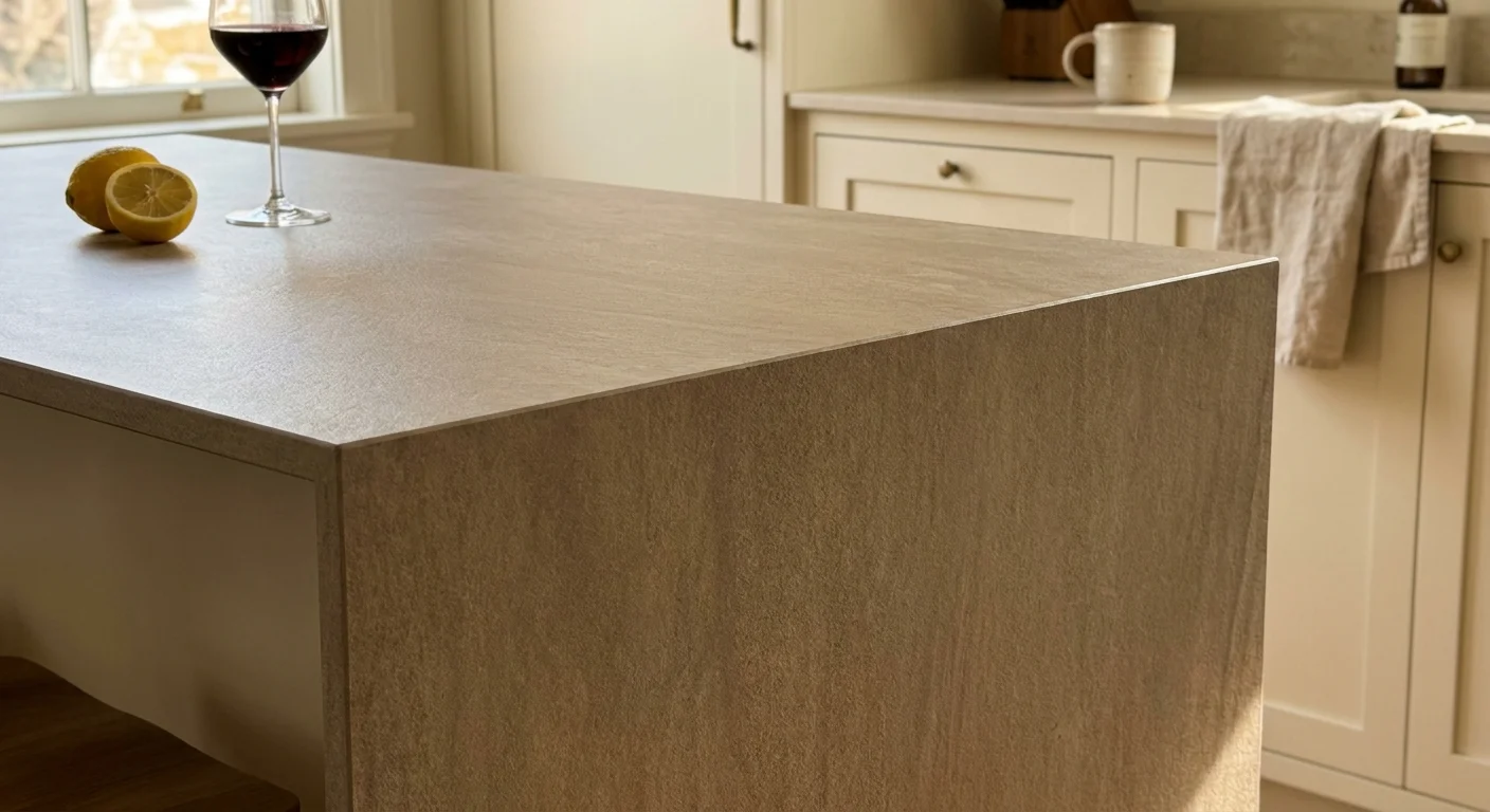 A seamless taupe sintered stone kitchen island with a lemon and wine glass on top, shown in a natural home setting.
