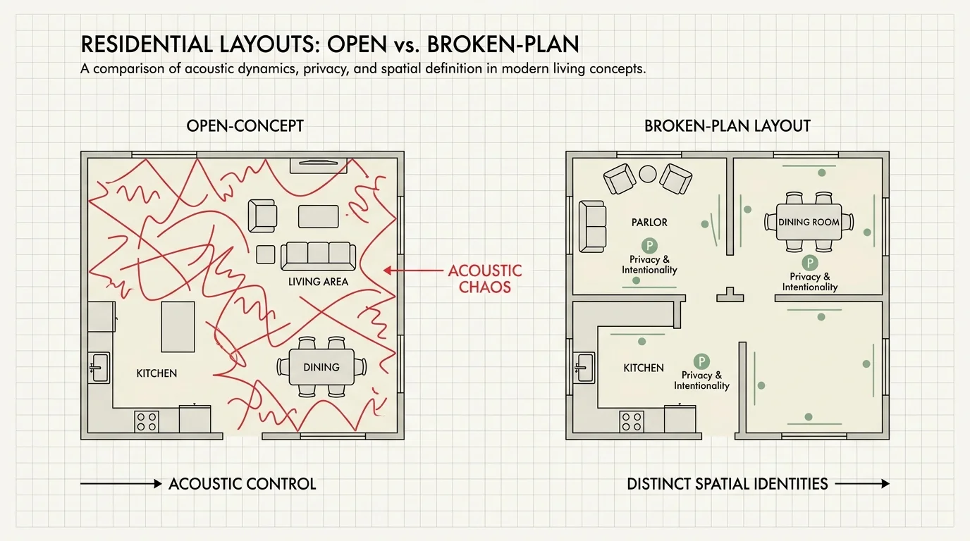 A side-by-side floor plan diagram comparing a noisy open-concept house to a private, organized broken-plan layout.