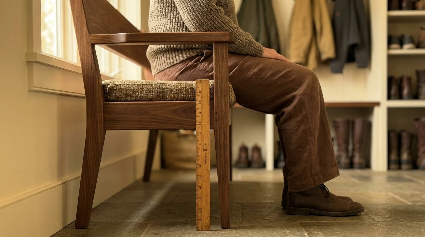A side view of a walnut mudroom bench showing the ergonomic 18-20 inch height and sturdy armrests for easy rising.