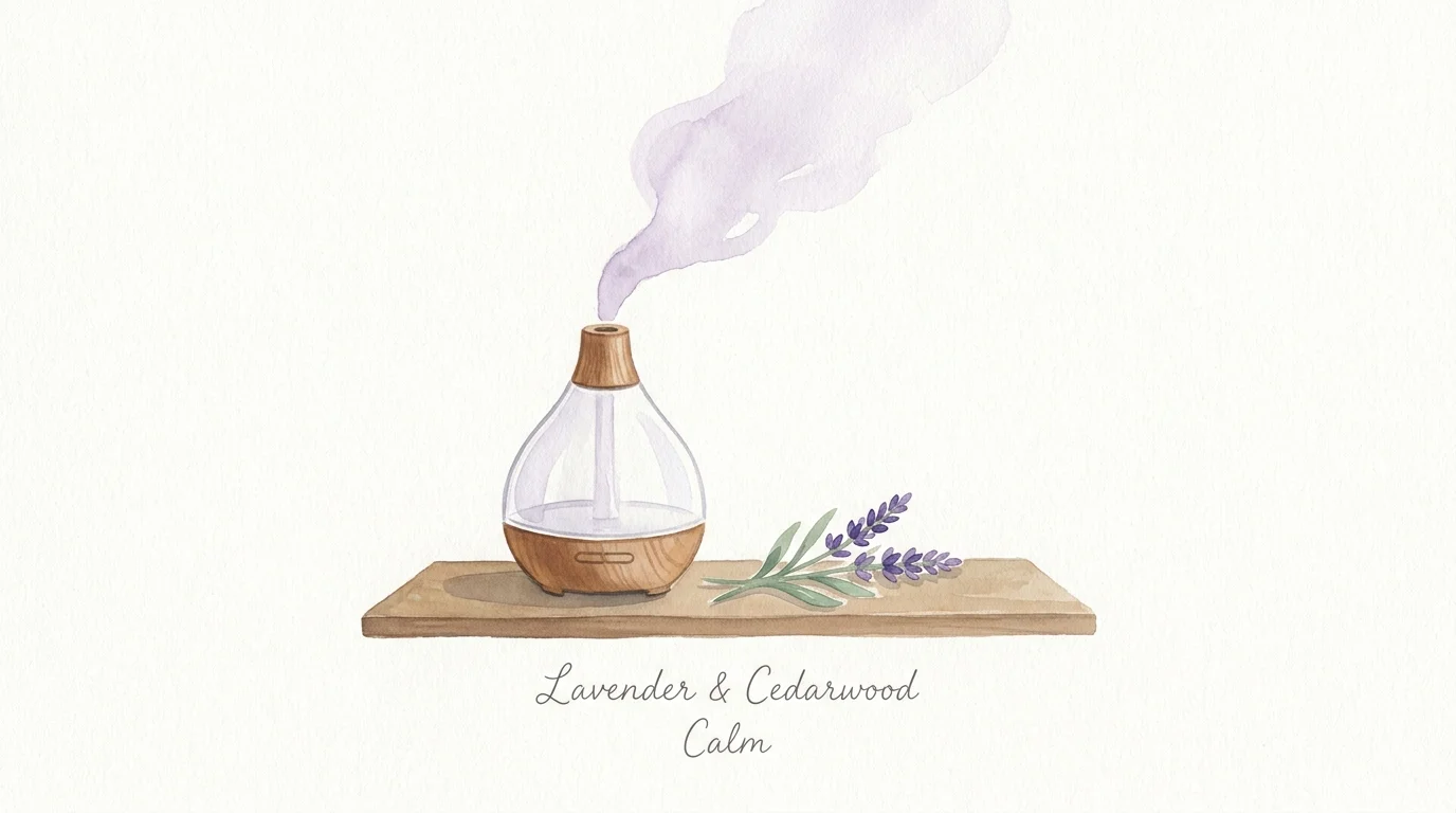 A simple watercolor of a lavender sprig and an oil diffuser, representing a minimalist approach to relaxing bedroom scents.