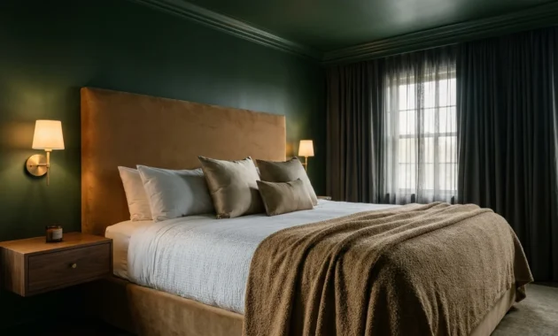 A small luxury bedroom with forest green color-drenched walls, a camel velvet headboard, and high-end layered bedding in warm light.