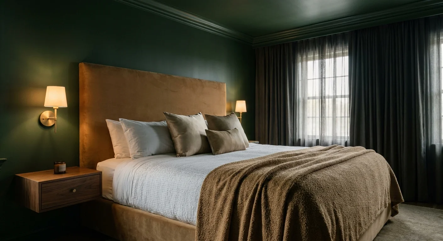 A small luxury bedroom with forest green color-drenched walls, a camel velvet headboard, and high-end layered bedding in warm light.