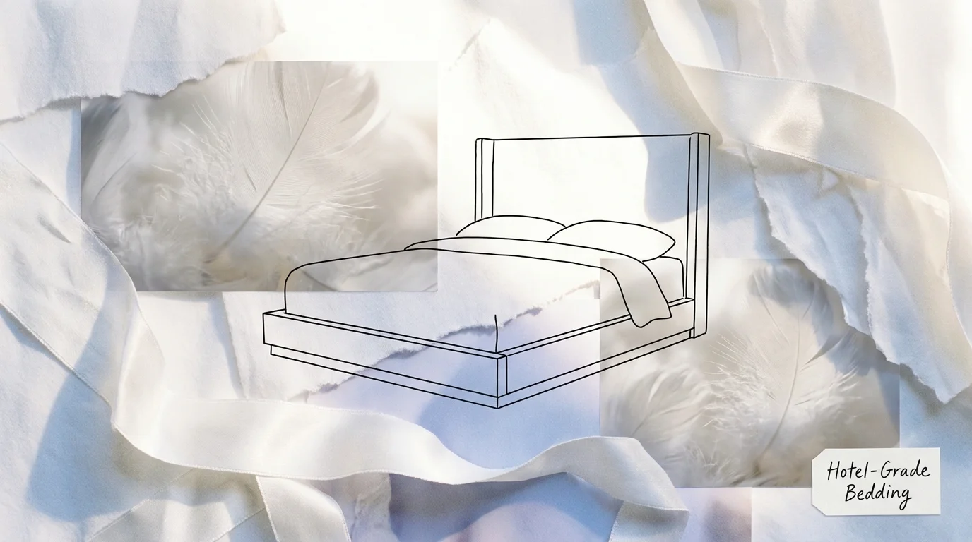 A soft collage of white fabrics, silk, and feathers representing a high-end hotel sleep experience.