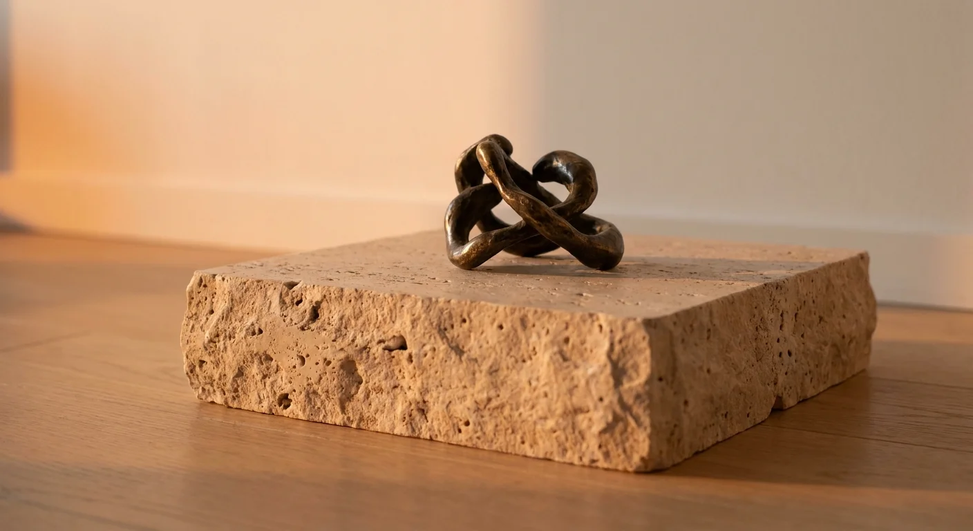 A solid travertine stone plinth used as a pedestal for a small bronze sculpture in a minimalist room.