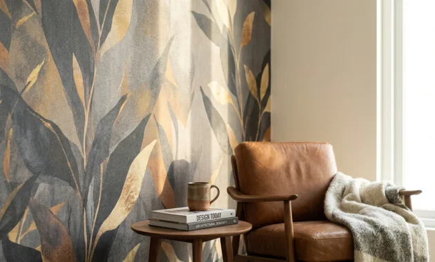 A sophisticated living room featuring a large-scale abstract botanical wallpaper accent wall in charcoal and gold with mid-century furniture