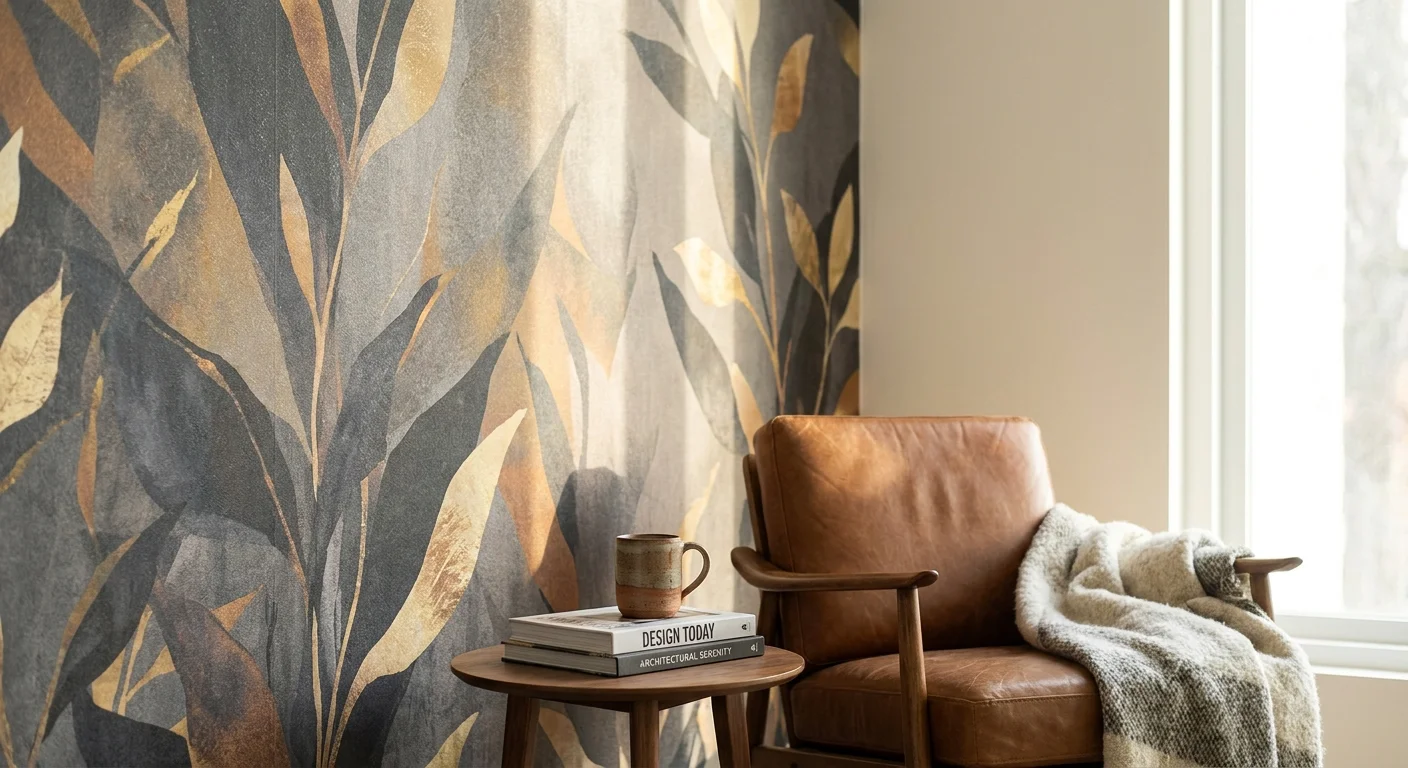 A sophisticated living room featuring a large-scale abstract botanical wallpaper accent wall in charcoal and gold with mid-century furniture
