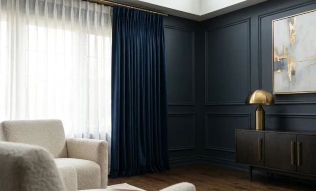 A sophisticated living room featuring floor-to-ceiling navy drapes, matching charcoal-blue walls and trim, and elegant wall molding.