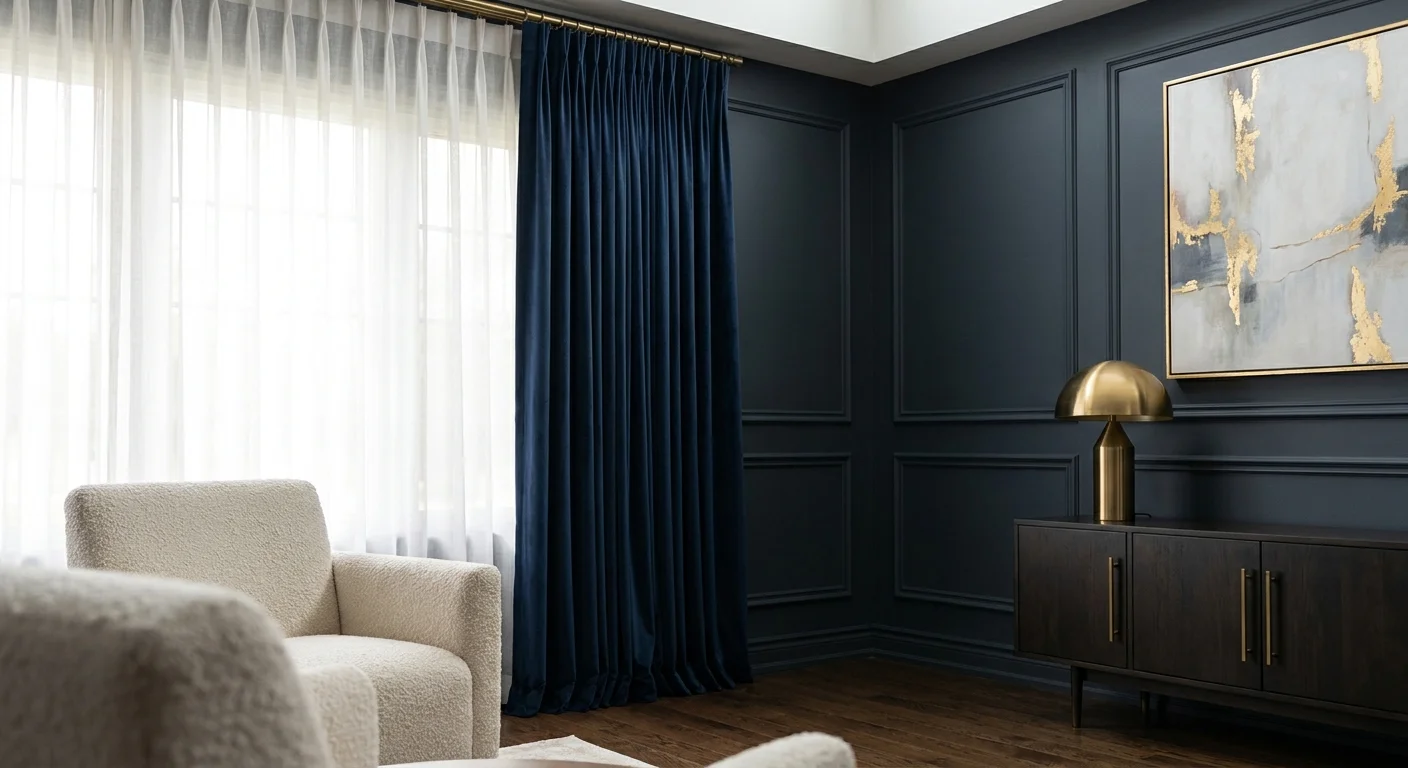 A sophisticated living room featuring floor-to-ceiling navy drapes, matching charcoal-blue walls and trim, and elegant wall molding.