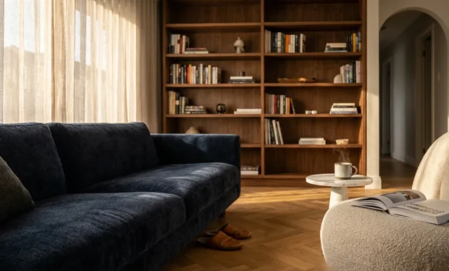 A sophisticated living room with a walnut bookshelf, bouclé chair, and warm afternoon light reflecting off herringbone floors.