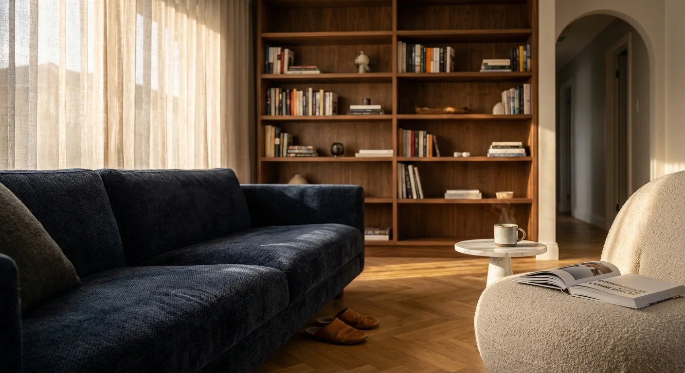 A sophisticated living room with a walnut bookshelf, bouclé chair, and warm afternoon light reflecting off herringbone floors.