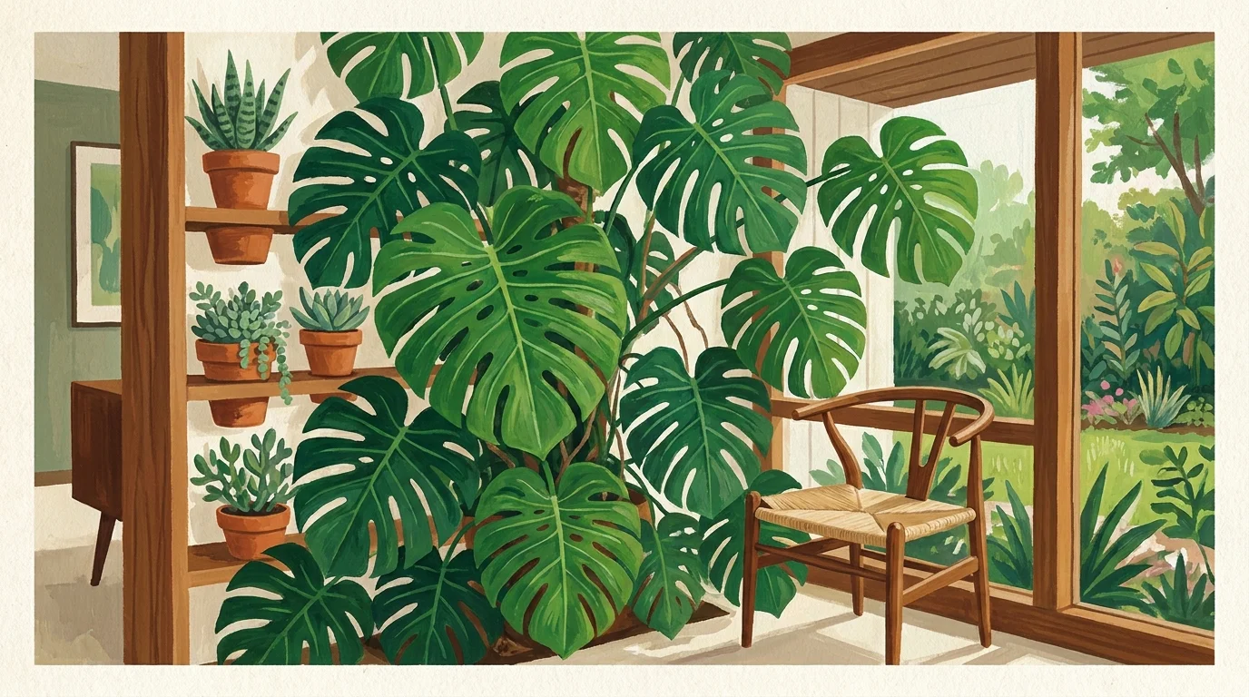 A stylized gouache illustration of a modern room filled with lush green plants, celebrating biophilic design.