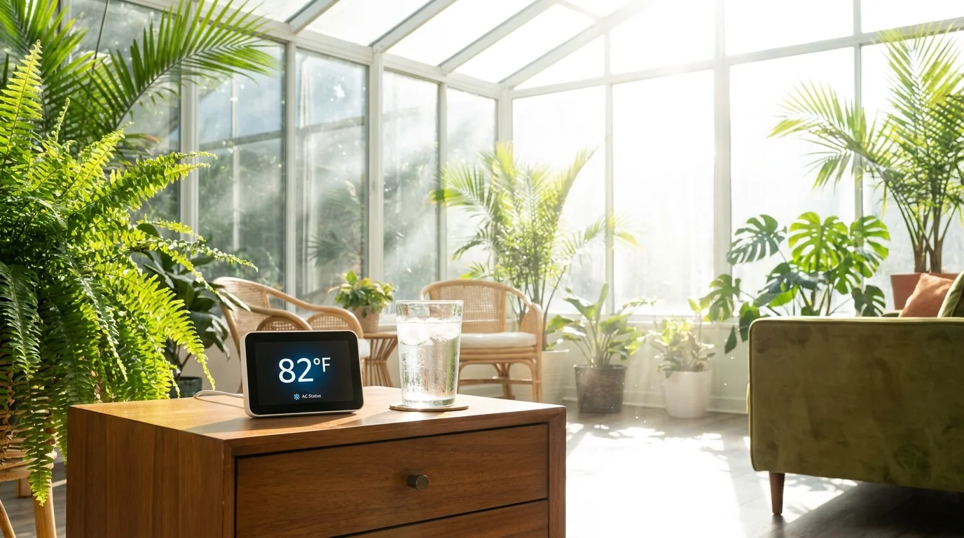 A sun-drenched glass conservatory with a digital thermometer in the foreground showing a high temperature.