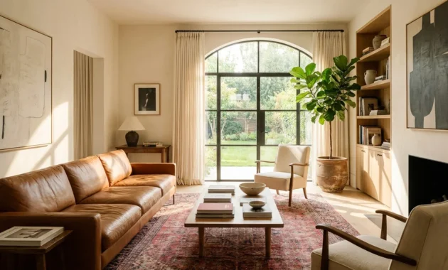 A sun-drenched living room with warm white walls, a cognac leather sofa, and a large arched window overlooking a garden.