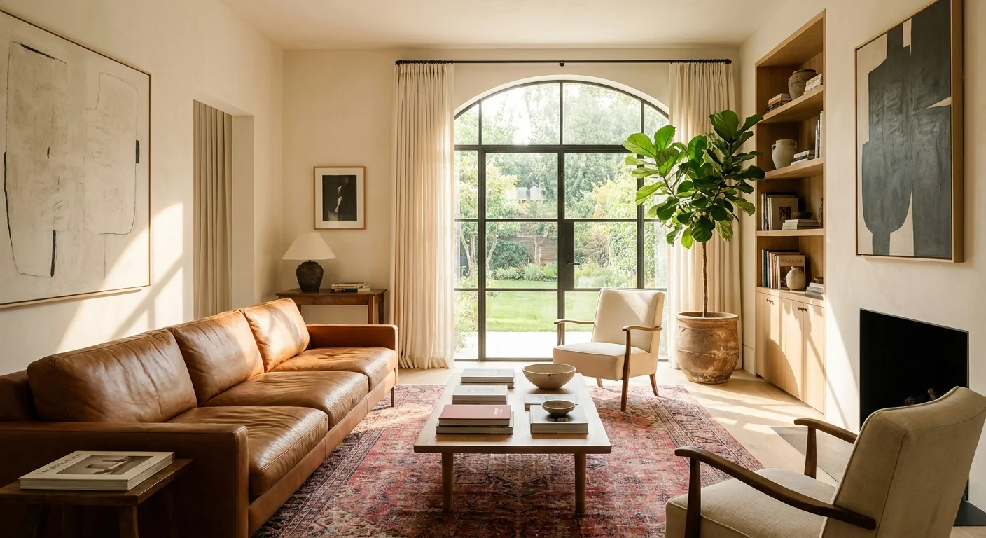 A sun-drenched living room with warm white walls, a cognac leather sofa, and a large arched window overlooking a garden.