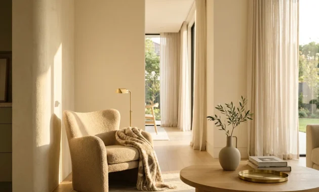 A sun-filled, modern living room with cream walls, oak furniture, and a textured armchair, representing timeless interior design.