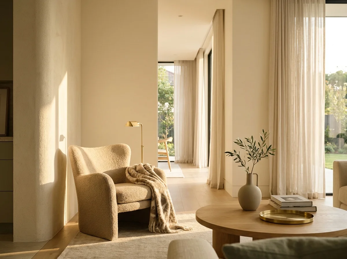 A sun-filled, modern living room with cream walls, oak furniture, and a textured armchair, representing timeless interior design.