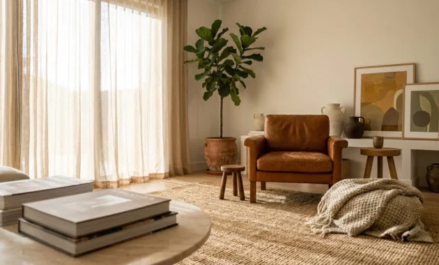 A sunlit, curated living room with a vintage leather chair, oversized rug, and sheer curtains, demonstrating timeless interior design.