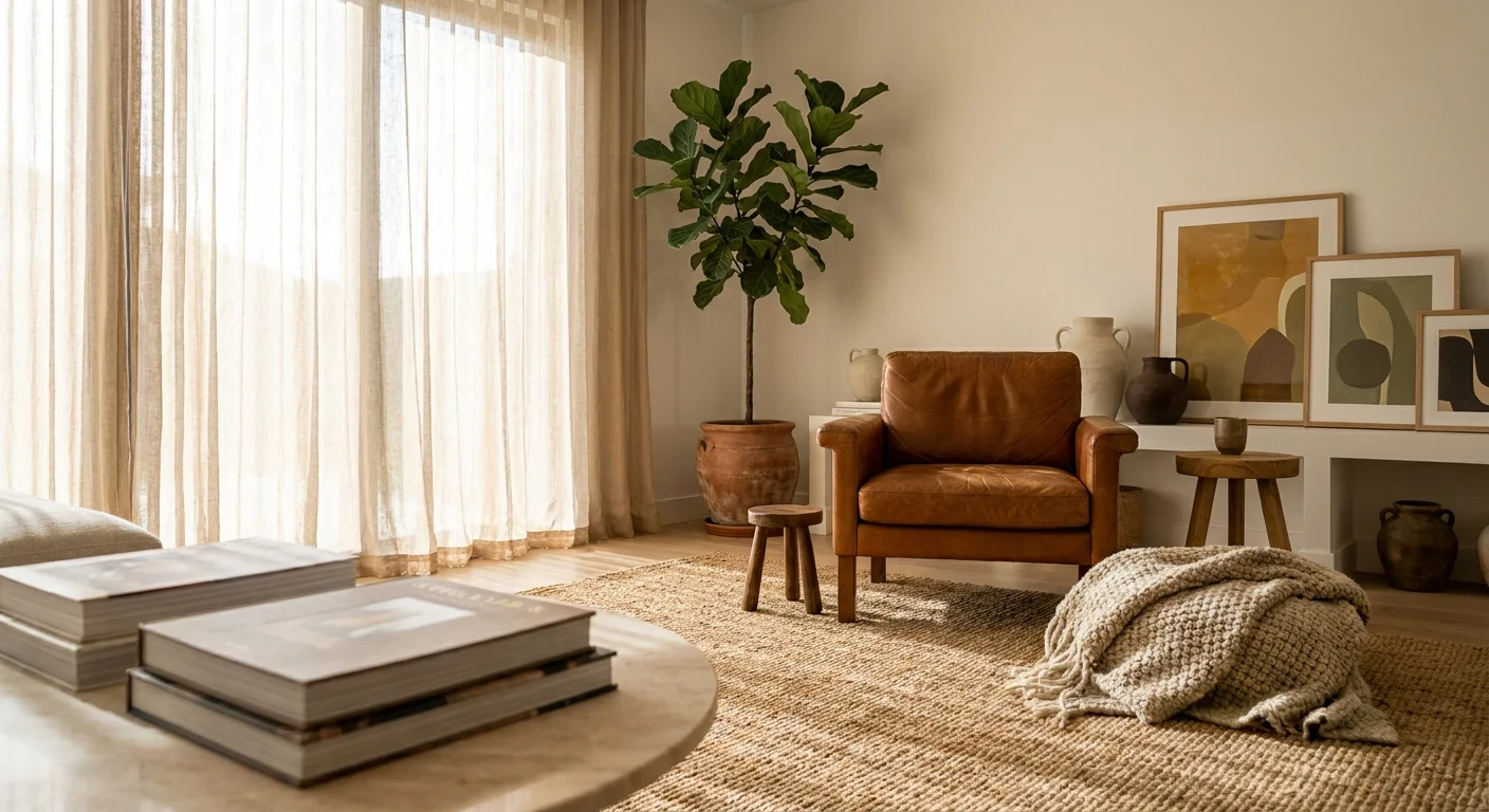 A sunlit, curated living room with a vintage leather chair, oversized rug, and sheer curtains, demonstrating timeless interior design.