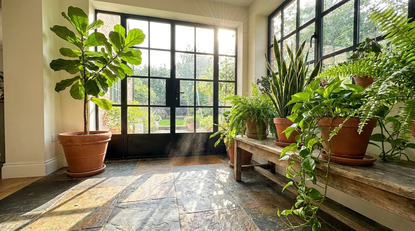 A sunlit home entryway filled with various indoor plants, creating a bridge between the interior and exterior.
