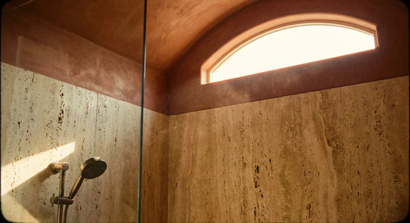 A sunlit shower featuring large beige stone slabs and a warm, earthy orange-toned textured wall.