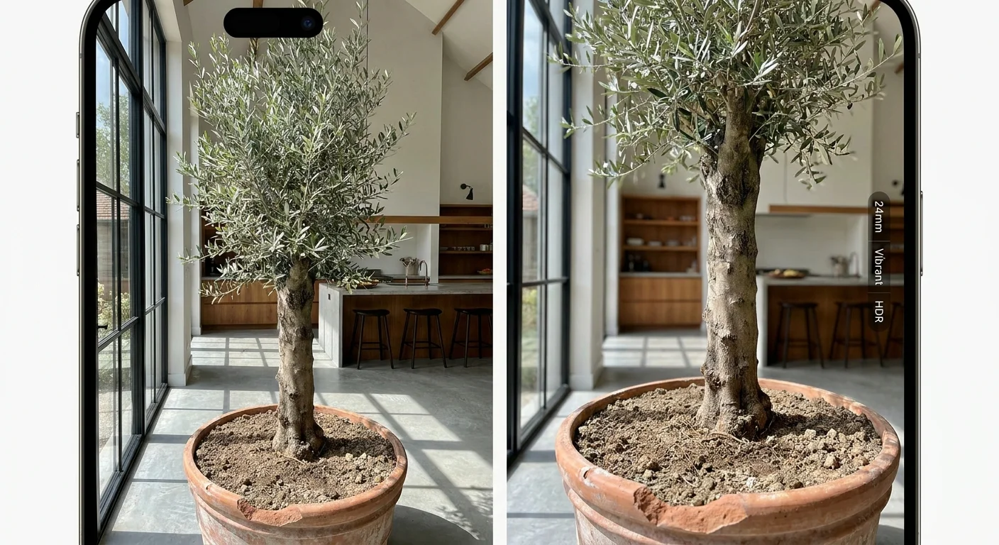 A tall, lush indoor olive tree in a terracotta pot, standing in a bright room with high ceilings.