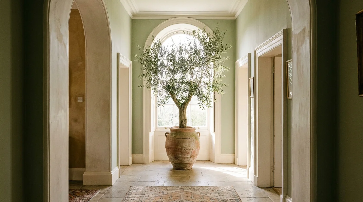 A tall olive tree in an earthy pot at the end of a bright, sunlit hallway with plaster arches.