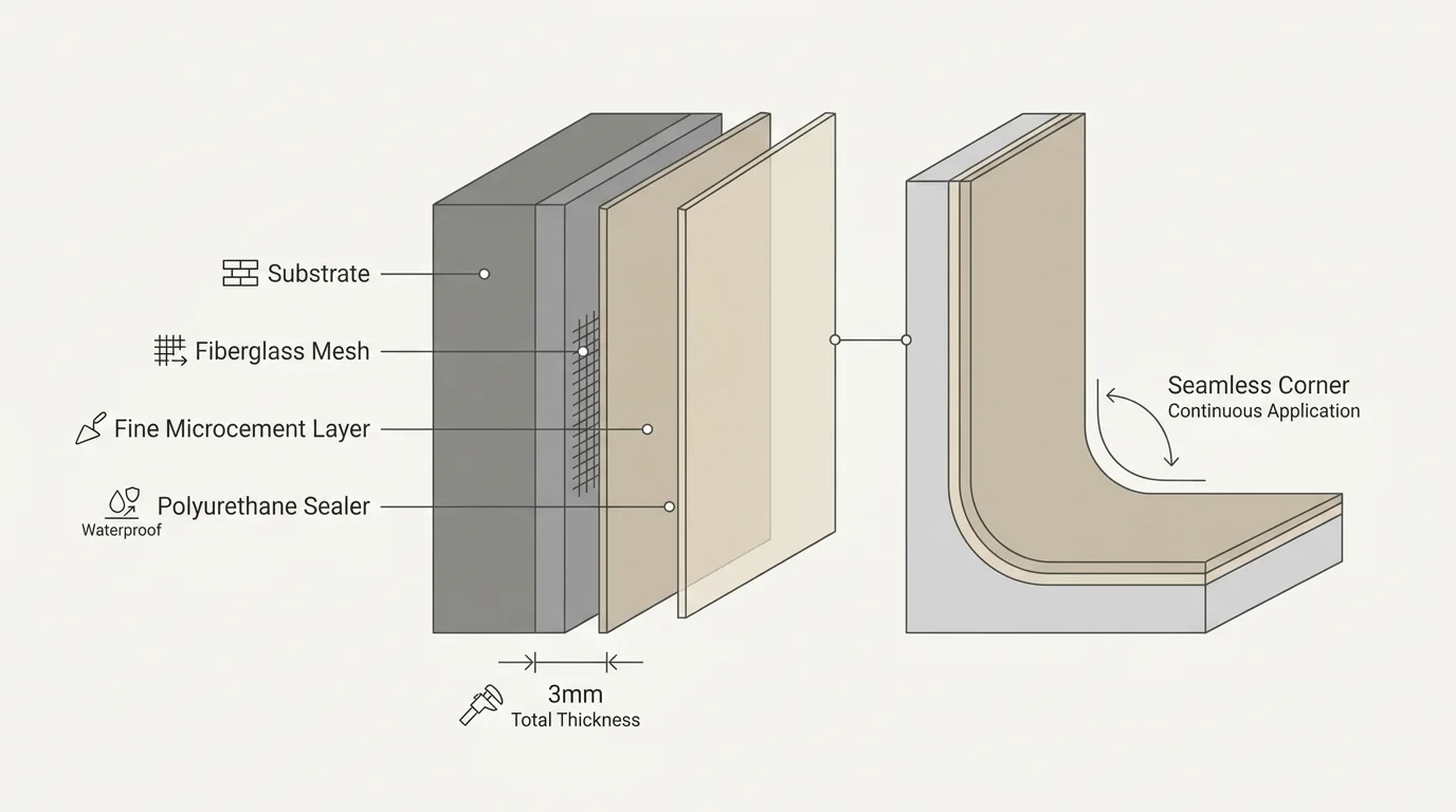 A technical cross-section showing the multiple layers of a microcement system, totaling only 3mm in thickness.