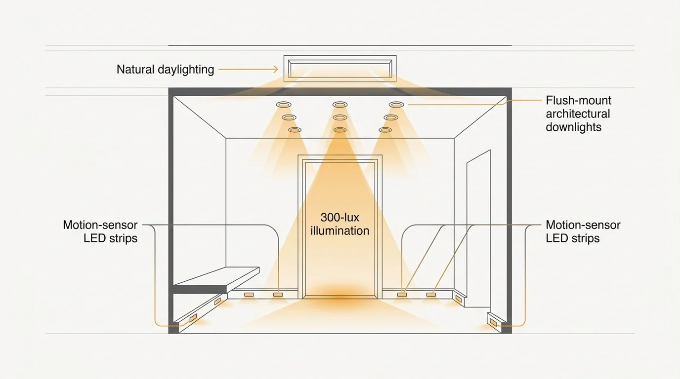 A technical diagram illustrating the placement of 300-lux threshold lighting and motion-sensor LEDs in a senior-friendly entryway.