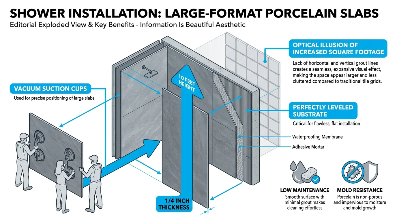 A technical diagram showing a 10-foot tall porcelain slab being installed in a shower with specialized suction tools.