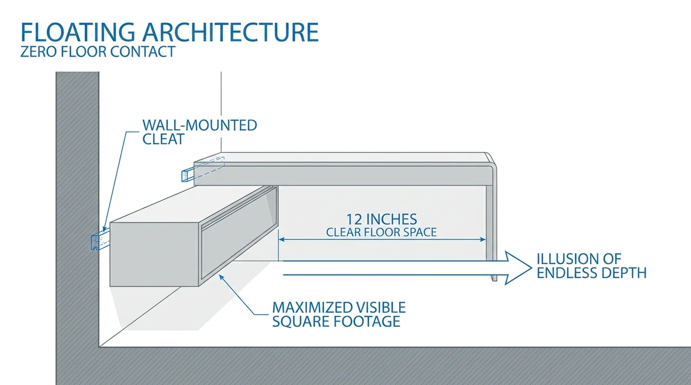 A technical diagram showing a wall-mounted nightstand and desk with labels highlighting the visible floor space underneath.
