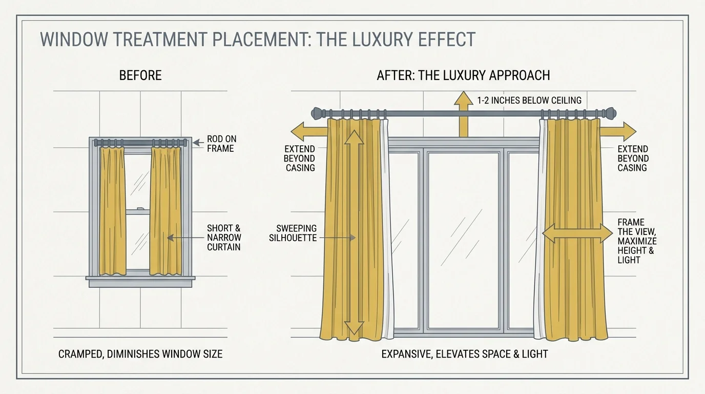 A technical diagram showing a window with drapery rods mounted high near the ceiling and wide beyond the window frame.