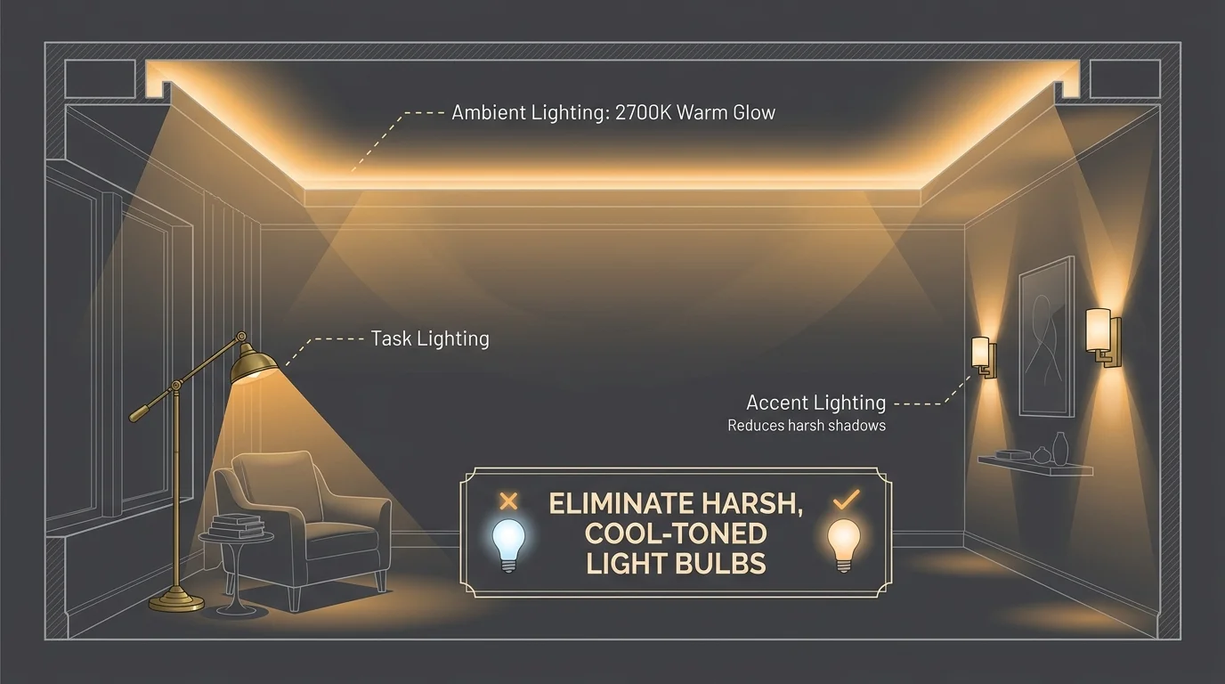A technical diagram showing layers of ambient, task, and accent lighting in a room with labels for color temperature and lamp types.