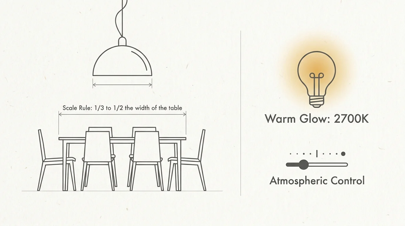 A technical diagram showing the proper scale for a dining room light fixture and the recommended 2700K color temperature.