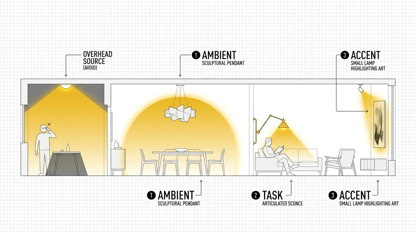 A technical diagram showing three layers of home lighting: ambient, task, and accent, to replace generic overhead fixtures.