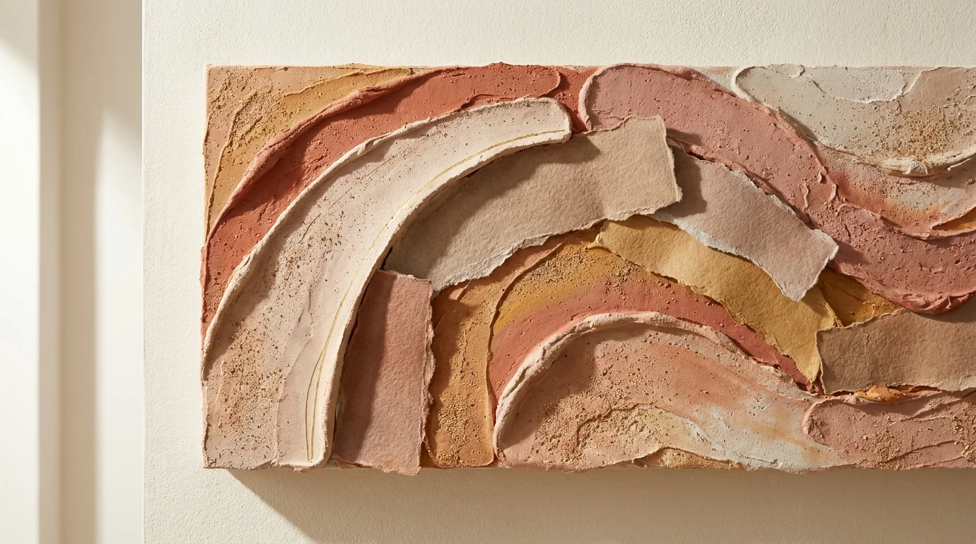 A textured abstract artwork in terracotta and ochre, mimicking the hand-troweled finish of Moroccan Tadelakt plaster.