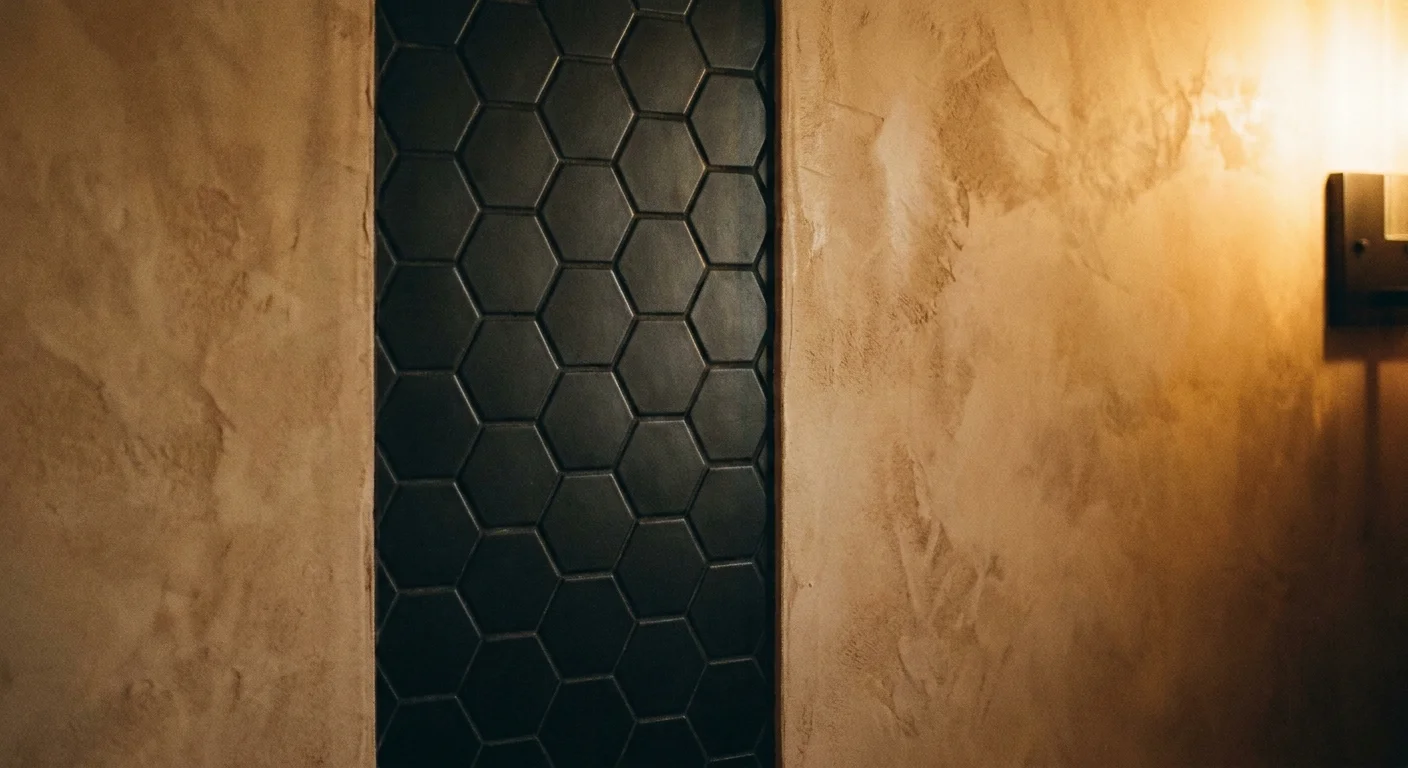 A textured beige plaster wall with a vertical stripe of small black hexagonal tiles.