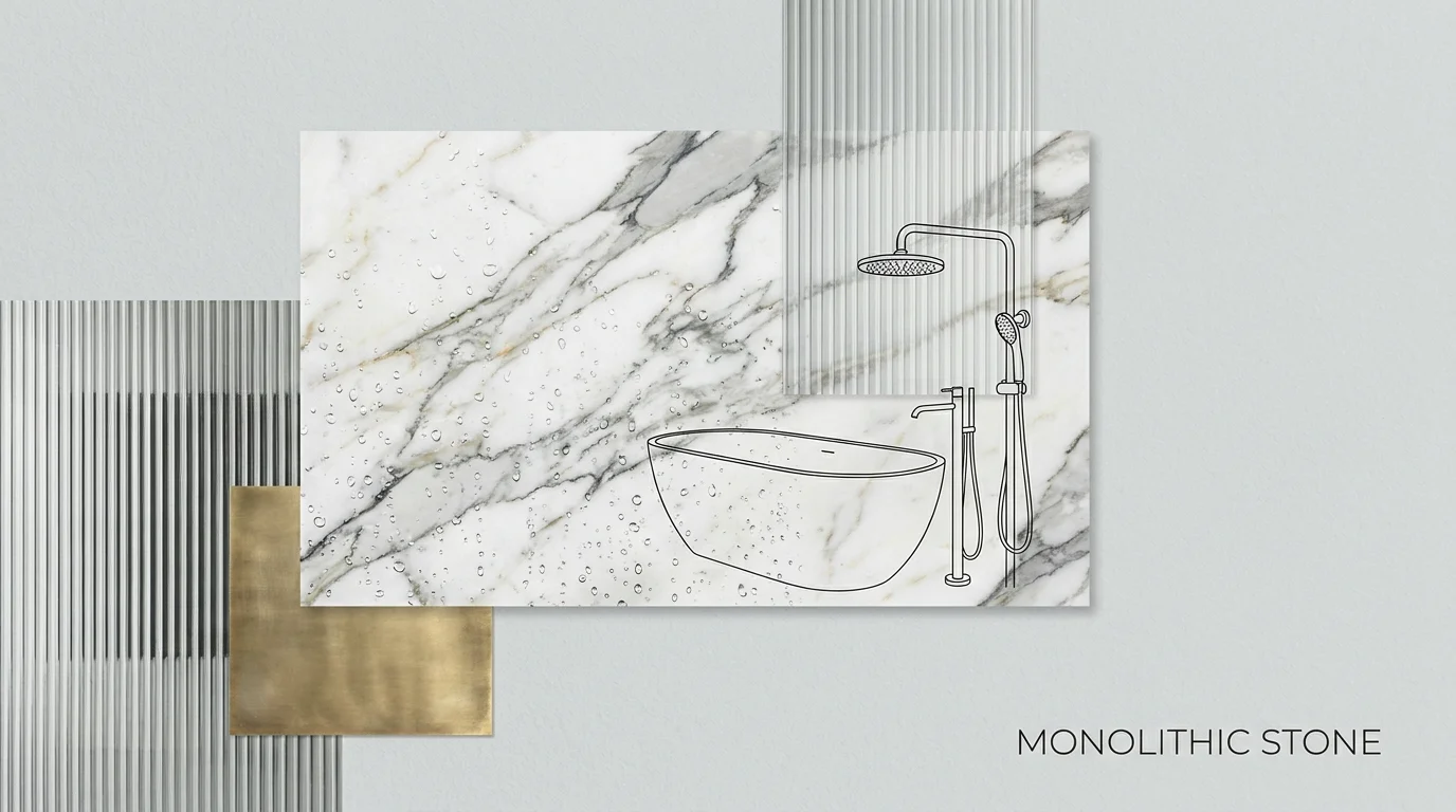 A textured collage featuring Calacatta marble, fluted glass, and brass accents representing a luxury spa bathroom.