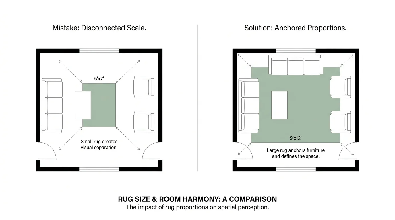 A top-down diagram comparing a rug that is too small for a room versus a large rug that anchors all the furniture.