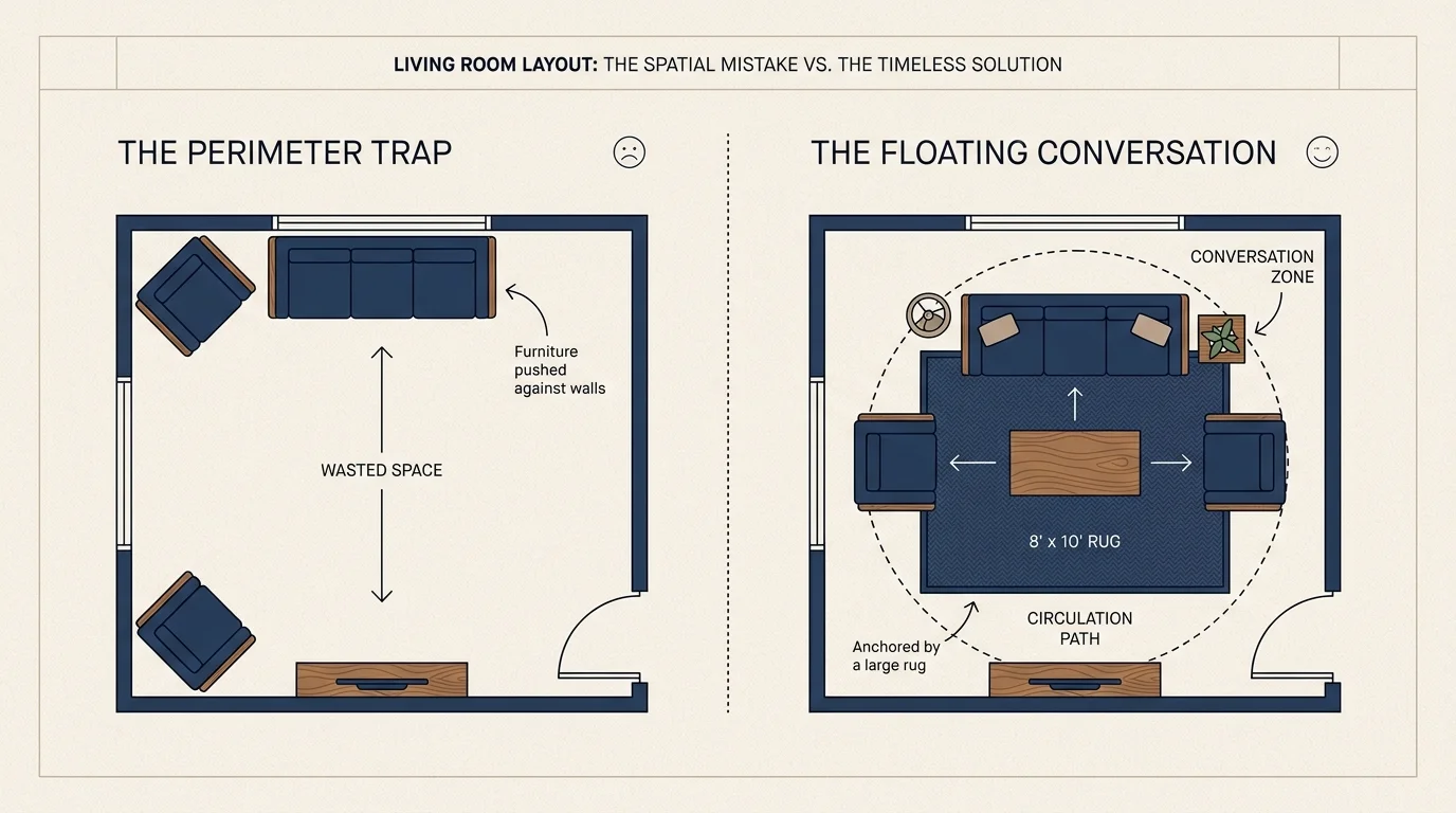 A top-down floor plan comparing furniture pushed against walls versus a 'floating' arrangement in the center of the room.