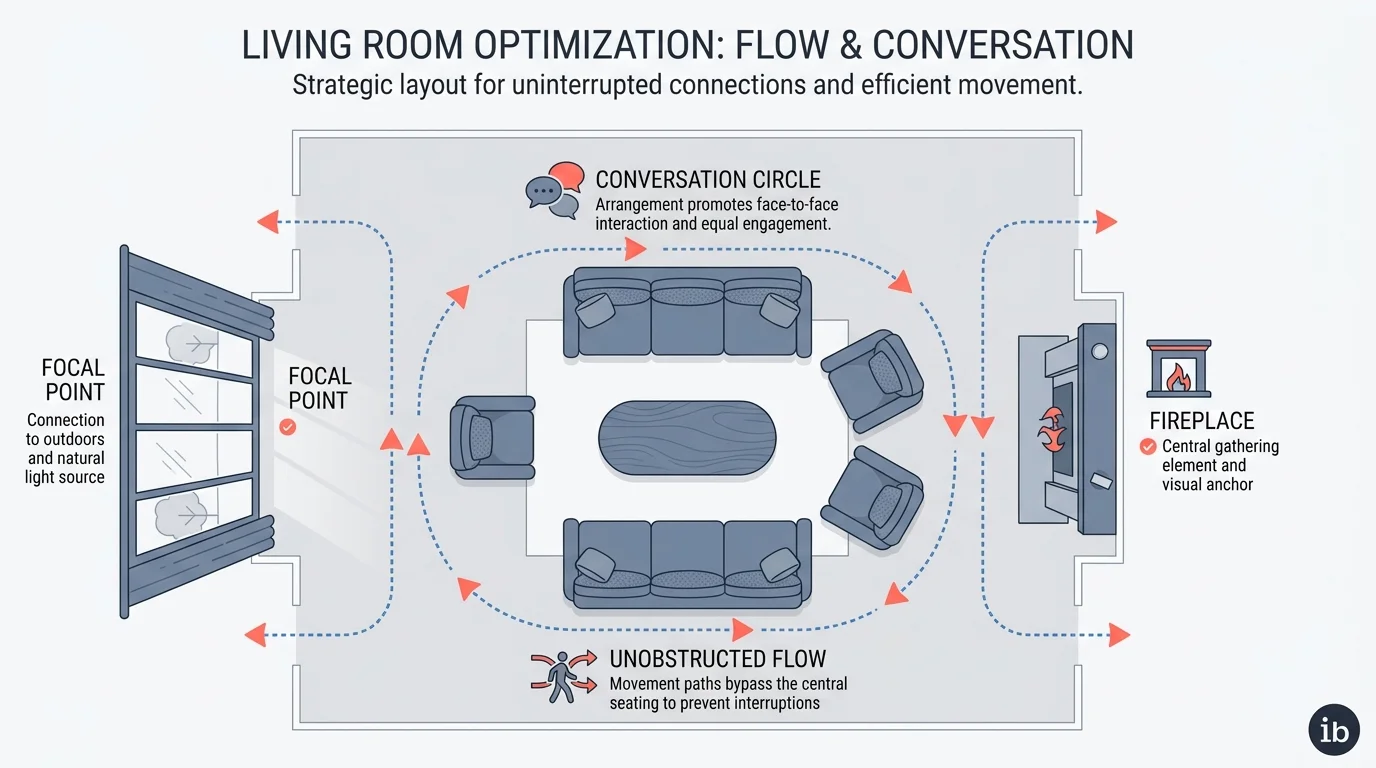 A top-down floor plan diagram illustrating how to arrange furniture to create a conversation circle and maintain clear traffic flow.
