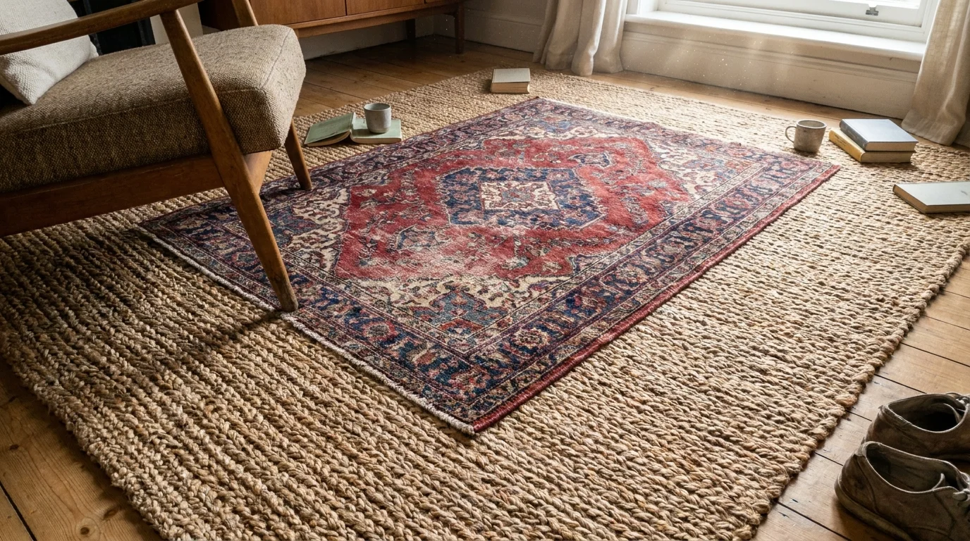 A top-down photo of a colorful patterned rug layered over a larger, neutral jute rug on a wooden floor.