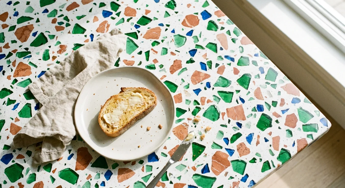 A top-down view of a colorful terrazzo tabletop with glass fragments, set with a plate and napkin for breakfast.