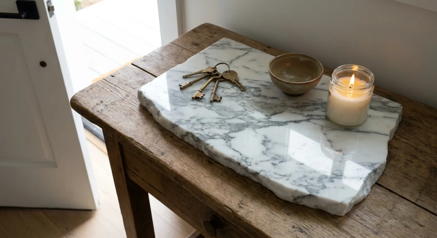 A top-down view of a marble slab used as a decorative tray on a wooden table, holding keys and a candle.