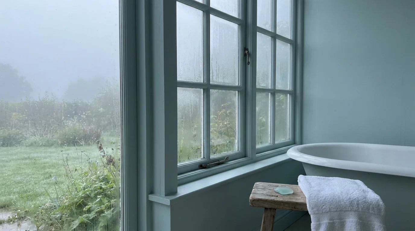 A tranquil bathroom with smoky sea glass walls and a clawfoot tub, bathed in misty morning light.
