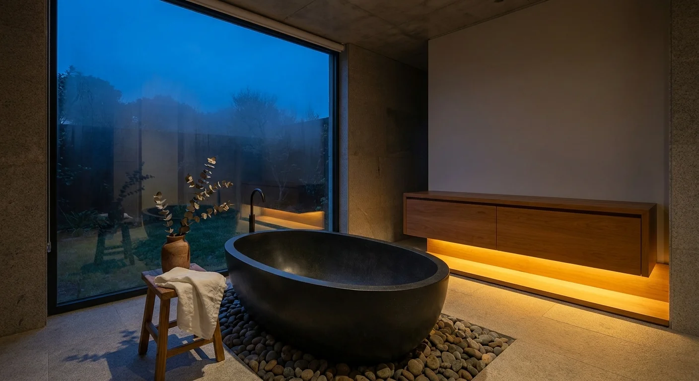 A tranquil home spa featuring a black soaking tub, stone floors, and a view of a misty garden at twilight.
